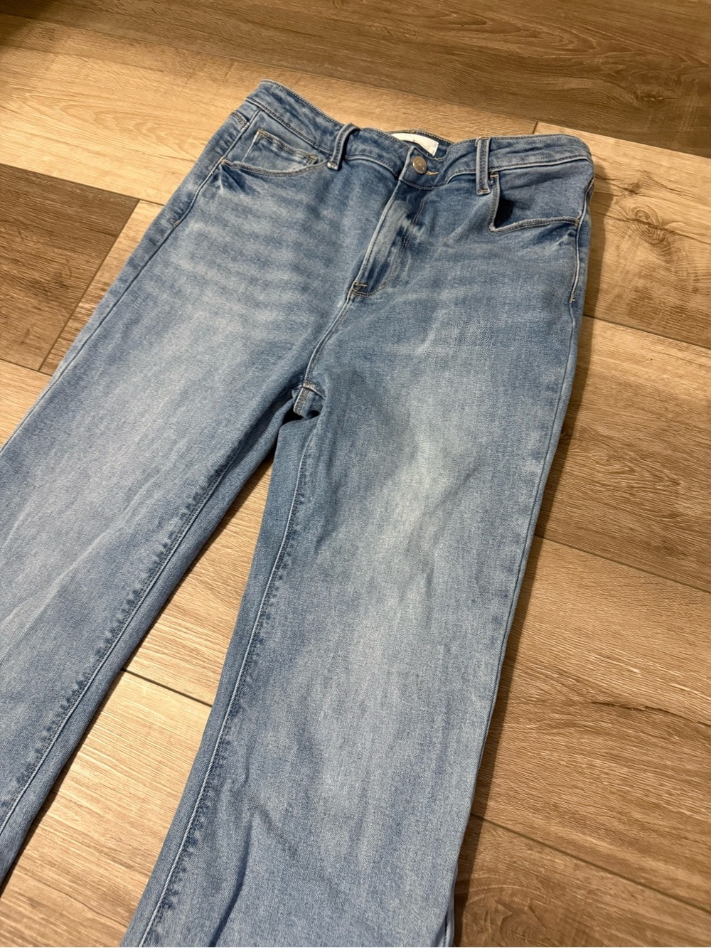Risen Jeans- Light Blue High-Rise Flare Jeans with Raw Hem - Picture 2 of 7